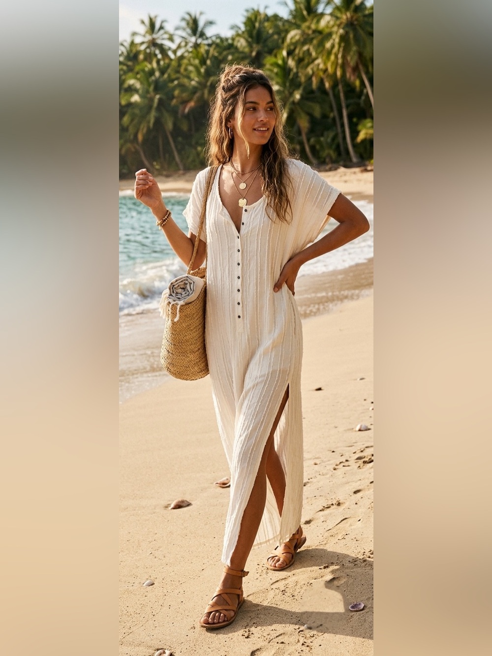 Free People Beach Ivory Fringed Button-Front Maxi Dress - Size Large